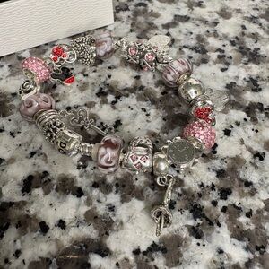 Silver-Tone Charm Bracelet with Pink Crystal & Swirled Pink-White Glass Beads